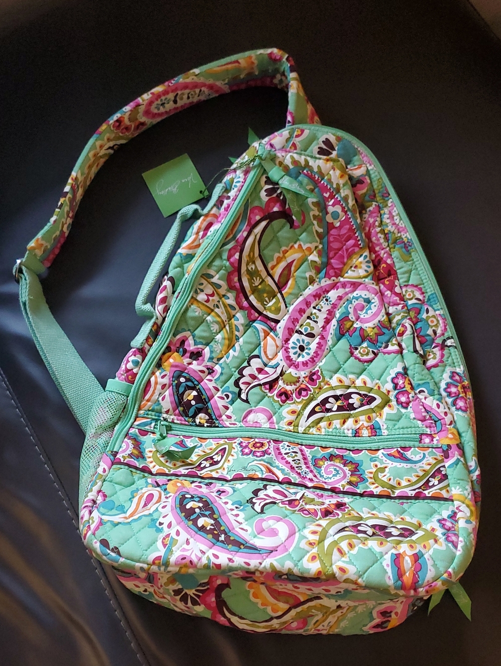 Vera Bradley Green Pink Paisley Tutti Frutti Quilted Sling Tennis Backpack NWT - Picture 3 of 15